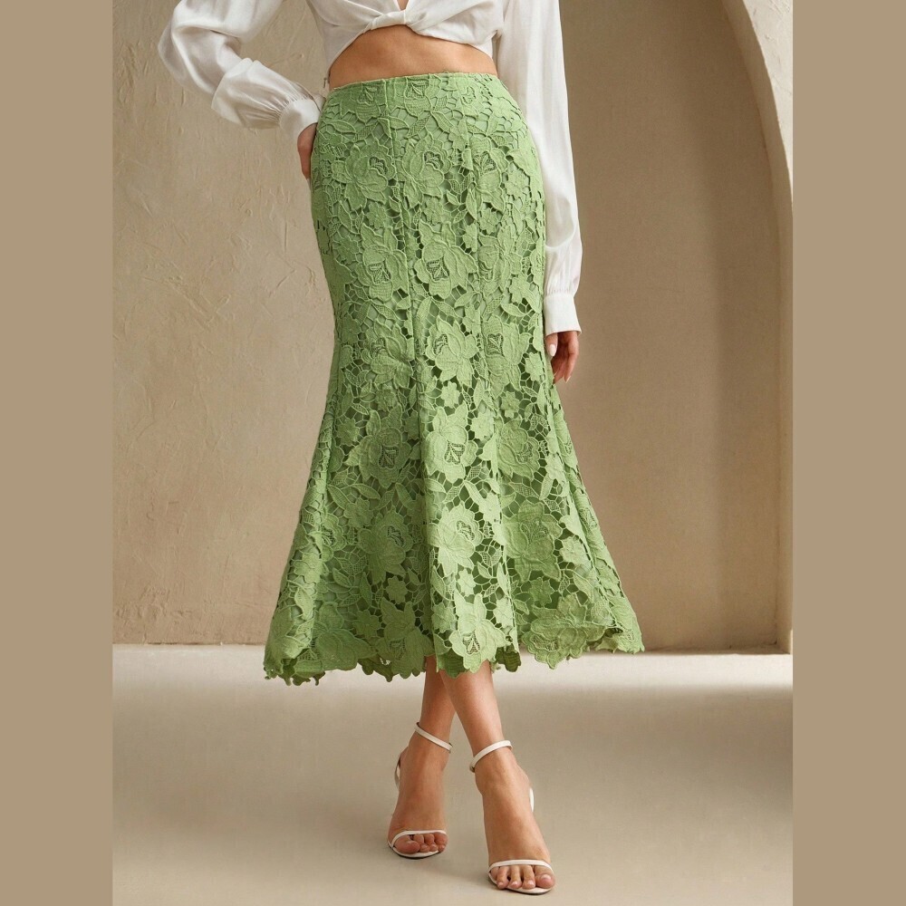 Sage Green Floral Lace Scalloped Hem Flared Midi Skirt